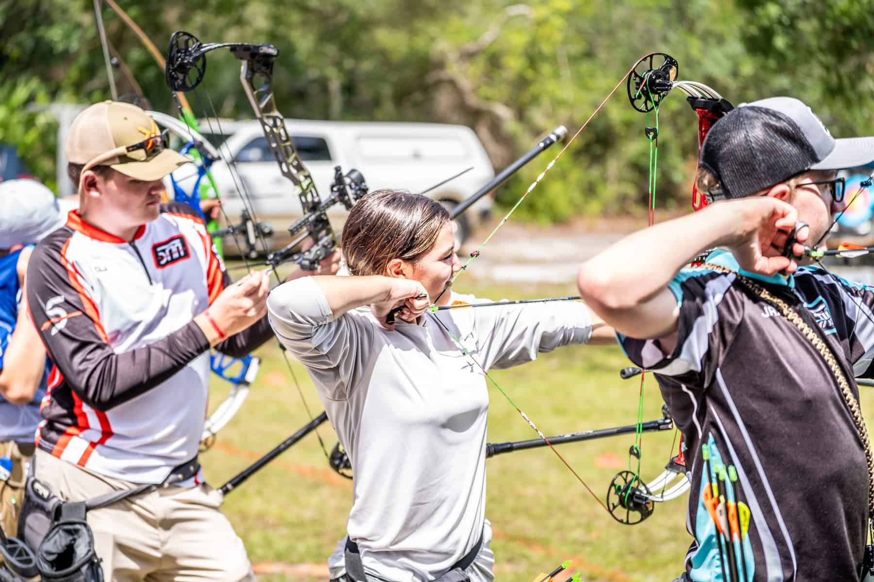 Youth female archer at full draw — Sarasota Archery Academy USA Archery training